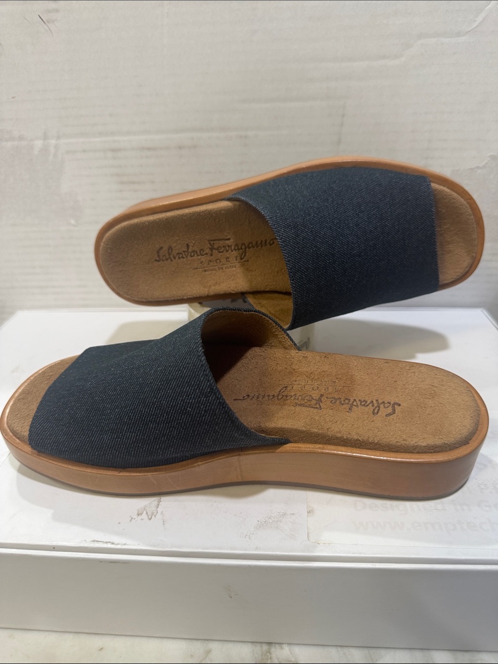 Salvatore Ferragamo Black Slide Sandals with Tan Sole